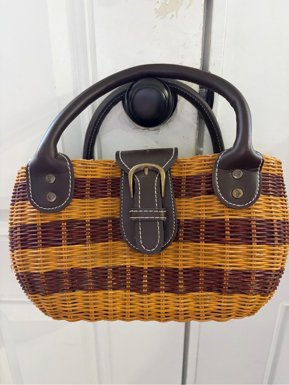 VTG Y2K Roxy Striped Wicker Basket Handbag Top Handle Purse